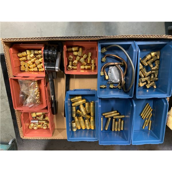 BOX FULL OF ASSORTED BRASS TURNING COOLANT FITTINGS AND TITAN 3-1 TUBE BENDER TOOL