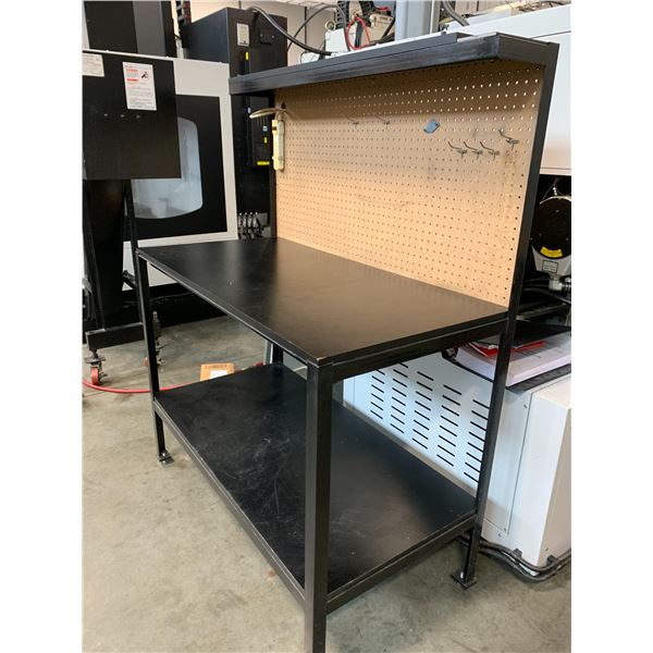 WELDED STEEL BLACK WORKBENCH WITH PEGBOARD BACK - APPROX. 4FT X 2FT X 5FT HIGH