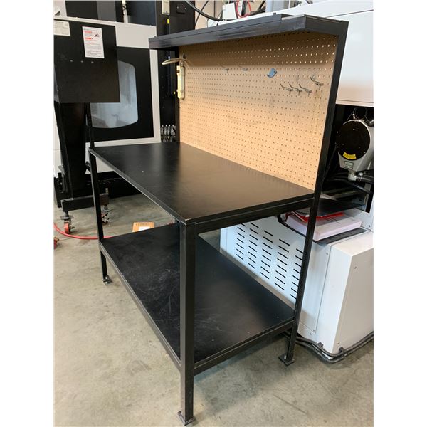 WELDED STEEL BLACK WORKBENCH WITH PEGBOARD BACK - APPROX. 4FT X 2FT X 5FT HIGH