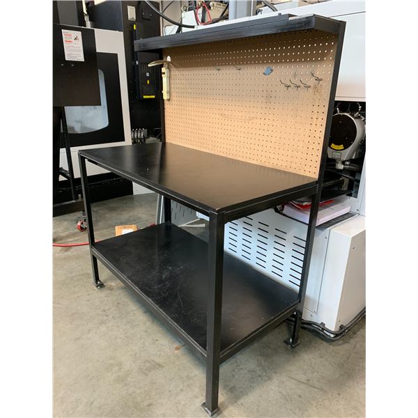 WELDED STEEL BLACK WORKBENCH WITH PEGBOARD BACK - APPROX. 4FT X 2FT X 5FT HIGH