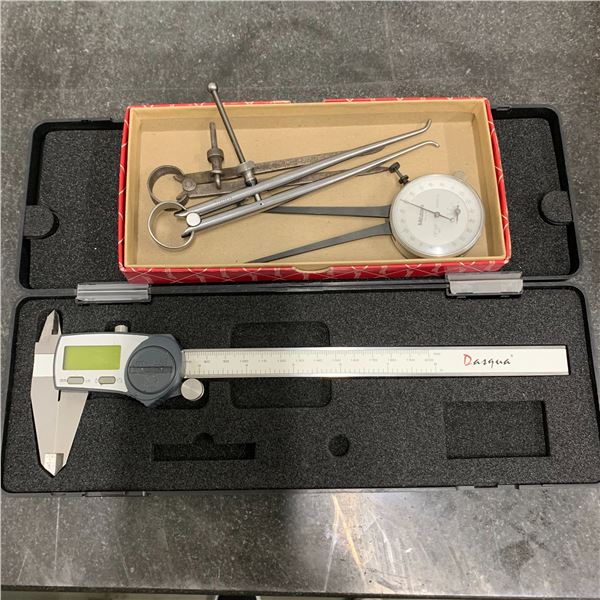 DASQUA DIGITAL CALIPER, DIAL GAUGE AND 2 PRECISION TOOLS