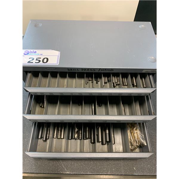 GREY METAL DRILL BIT ORGANIZER CABINET FULL OF VARIES MACHINIST PRECISION DRILL BITS
