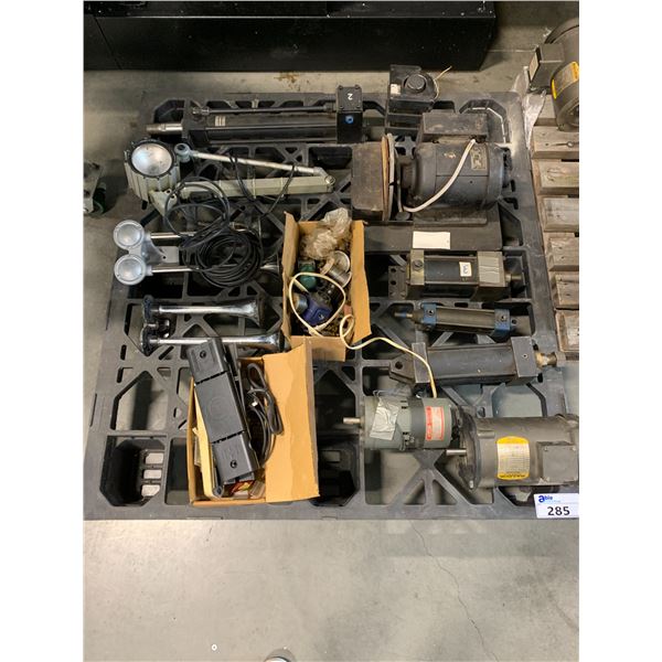 PALLET OF ASSORTED ELECTRIC MOTORS, AIR HORNS AND MISCELLANEOUS