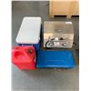 Image 1 : GROUP OF OUTDOOR CAMPING ITEMS-BBQ, PROPANE STOVE, COOLER AND JERRY CAN