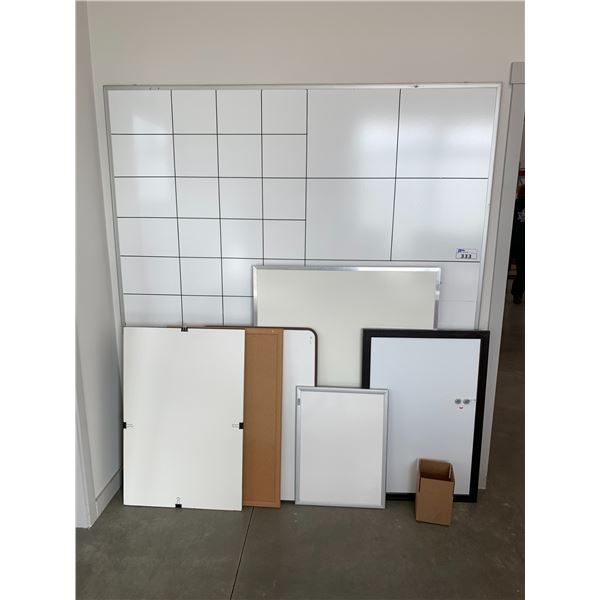 GROUP OF 6 ASSORTED WHITE BOARDS, 1 CORK BOARD AND BOX OF MARKERS
