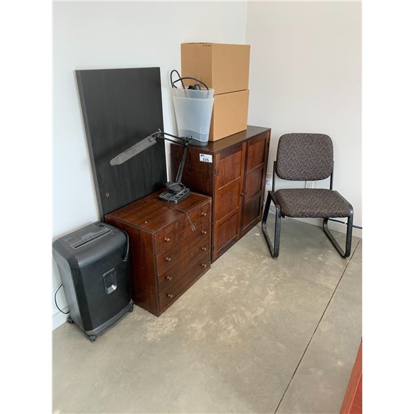 2 WOODEN CABINETS, CLIENT CHAIR AND MISCELLANEOUS ITEMS