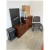 Image 1 : 2 WOODEN CABINETS, CLIENT CHAIR AND MISCELLANEOUS ITEMS