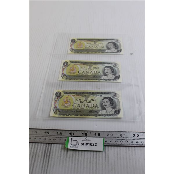 (3) 1973 Uncirculated Sequential $1 Canadian Bills