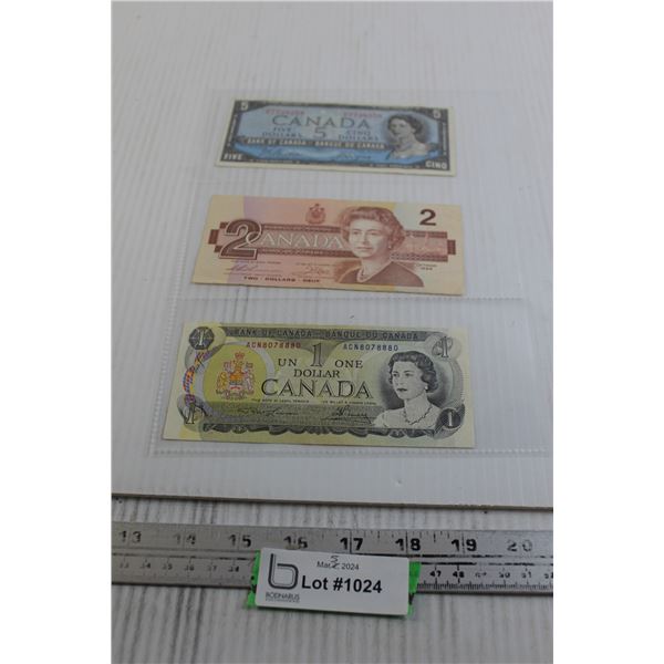 1954 $5 Canadian Bill, 1986 $2 Bill, 1973 $1 Bill
