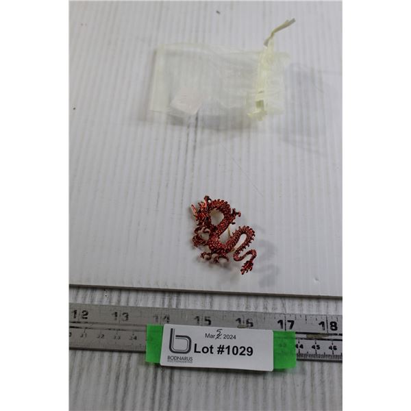 Gold Toned Dragon Red Enamel Brooch