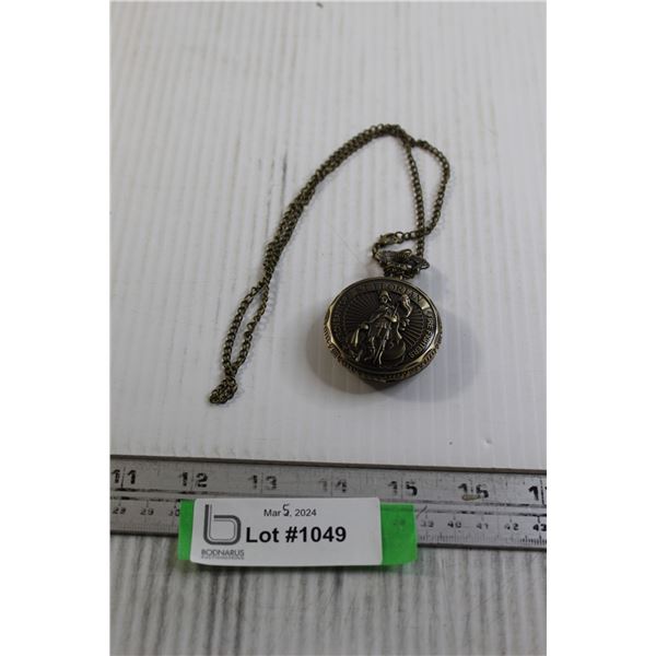 Bronzetone Quartz Pocket Watch with St. Florian the Patron Saint of Firefighters Detail