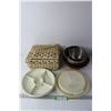 Image 1 : Woven Sewing Basket, Tupperware Veggie Tray, Bowls