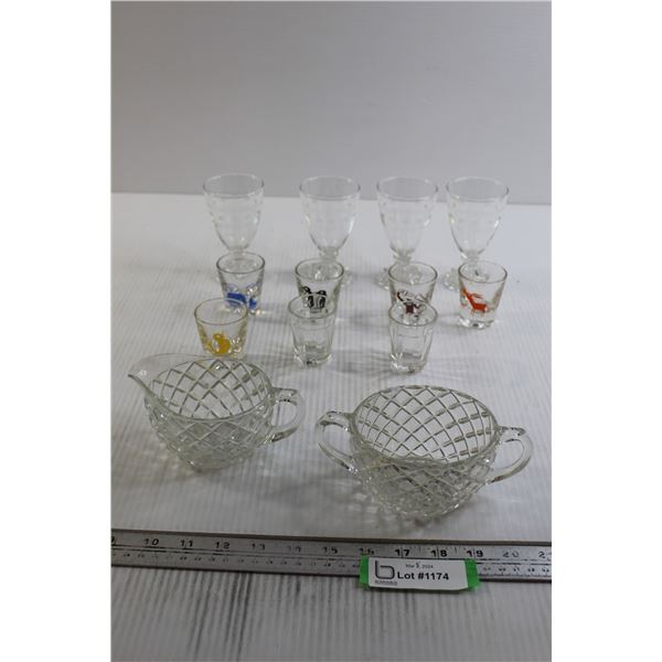 Glass Cream and Sugar Set, (4) Glasses, (7) Shot Glasses