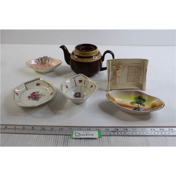 (4) Trinket Dishes, Teapot, Religious Decoration