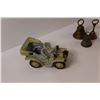 Image 6 : (2) Caron Wood Carvings, (2) Brass Bells, Bottle Opener/Bell, Car & Kleenex (2pks 1 open)