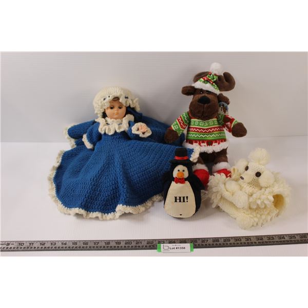 Doll with Knitted Clothing, Plush Moose, Knitted Dog & Plush Penguin