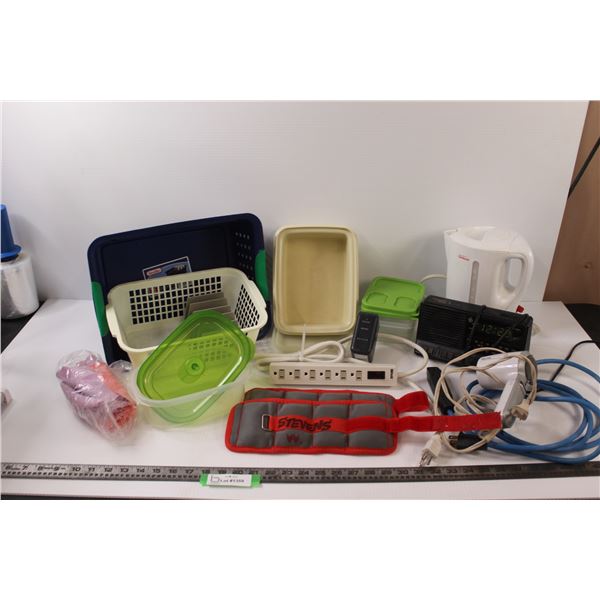 Storage Baskets & Containers(Tupperware/Rubbermaid), Alarm Clock (working), Extension Cord (6'), Pow