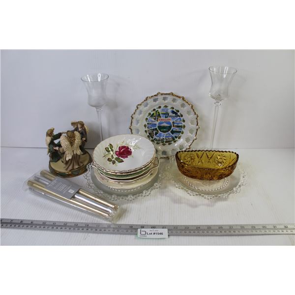 Oregon Plate - Assortment of Glass & Ceramic - Amber Glass Dish - Angel Candle Holder - (2) Long Ste