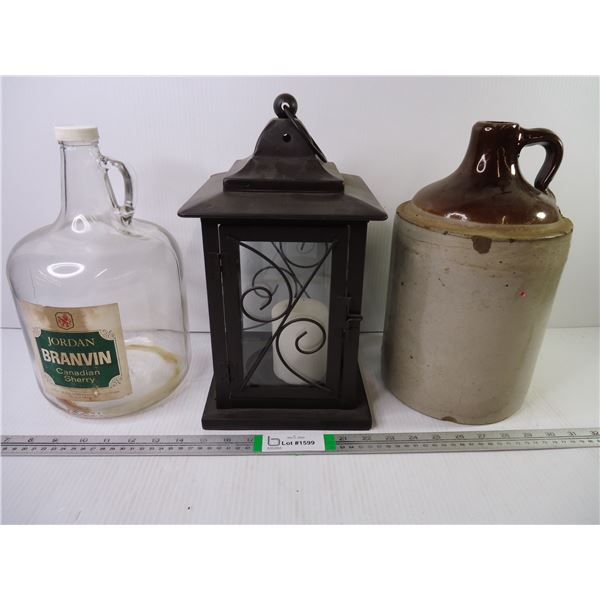 Outdoor Hanging Candle Lantern, Brown Top Crock Jug, and Old Sherry Jug