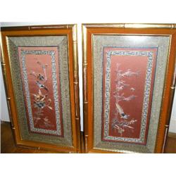 Pr. Of framed silk oriental birds