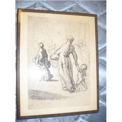 Numbered print on board, lady with child