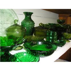 Large amount of green glassware