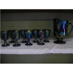 Carnival glass footed pitcher w/goblets