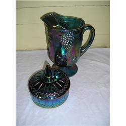 Carnival Glass fotted pitcher & dish
