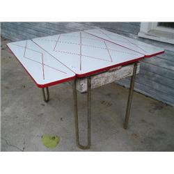 Red and white enamel top table. Draw leaf