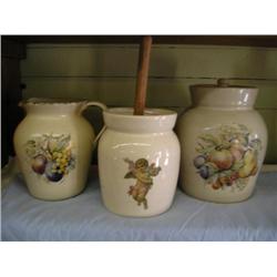One cookie jar, churn, pitcher, pottery