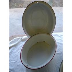 2 red and white enamel wash pans