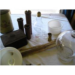 Mixing bowl, wood spools, Union tin