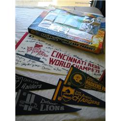 Baseball cards and pennants