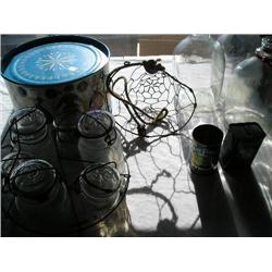 Mule Muzzle, milk jugs, Hershey tin.