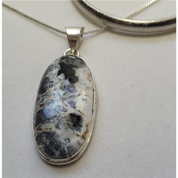 6)  ELONGATED OVAL DENDRITIC OPAL PENDANT,