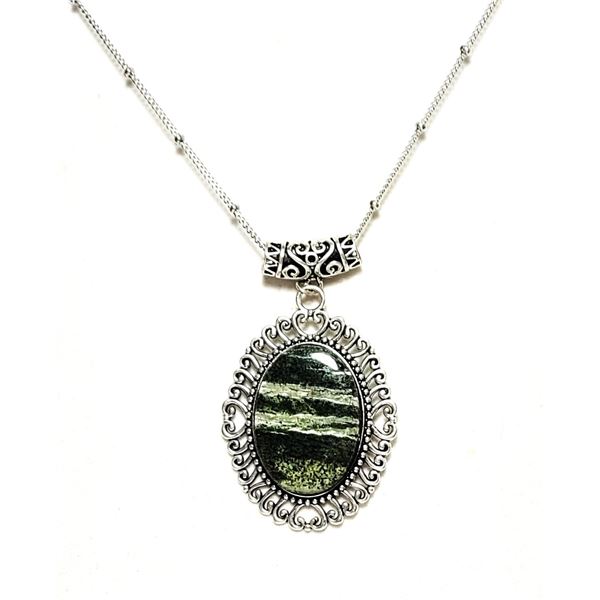 10)  OVAL GREEN SWISS OPAL PENDANT ON 18  CHAIN.