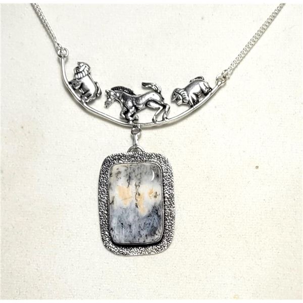 3)  RECTANGULAR DENDRITIC OPAL PENDANT WITH 2 LION