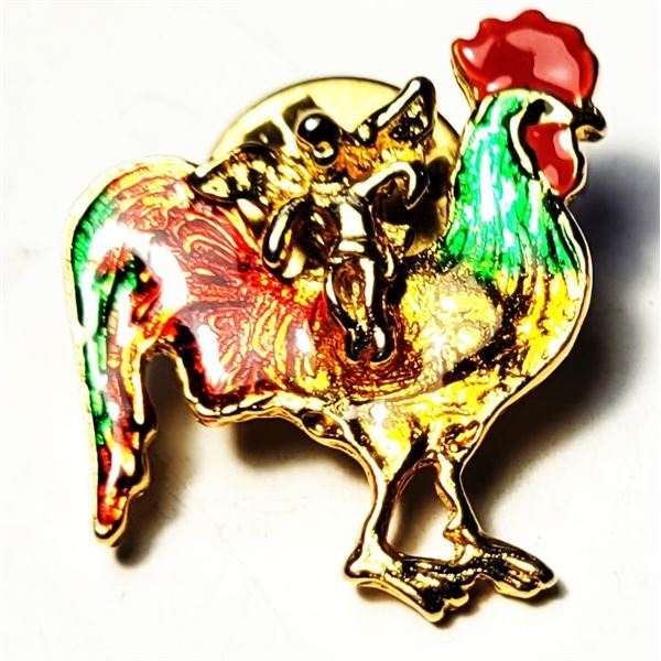 25)  RED, YELLOW, GREEN ENAMEL ANGEL/ROOSTER LAPEL