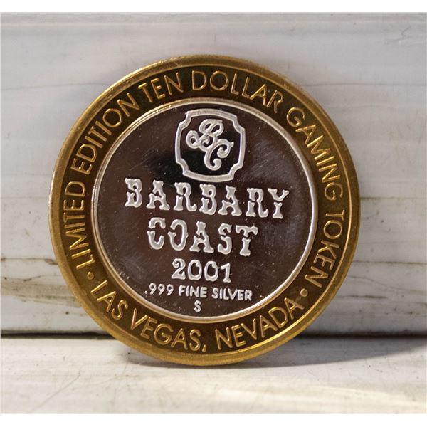 2001 .999 SILVER BARBARY COAST $10 GAMING TOKEN