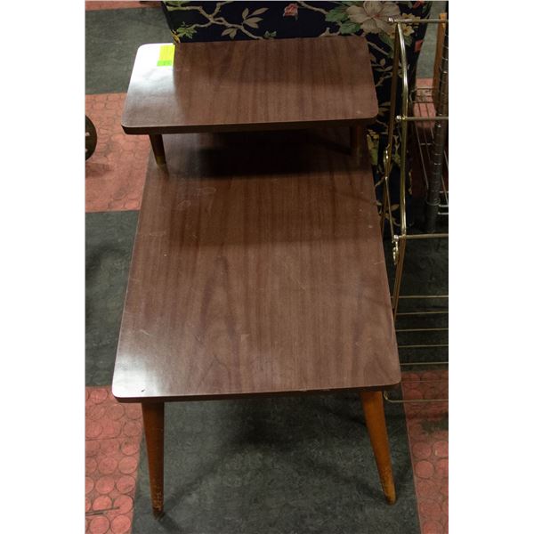 TWO TIER END TABLE AND BRASS TONED QUILT RACK