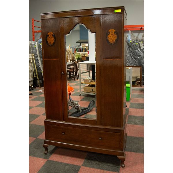 ANTIQUE WOOD ARMOIRE WITH MIRRORED FRONT