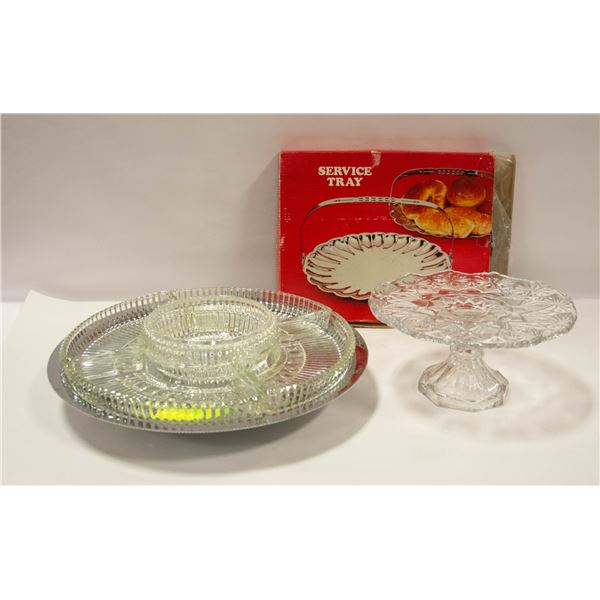 LOT OF GLASS PEDESTAL CAKE PLATE, VEGGIE AND