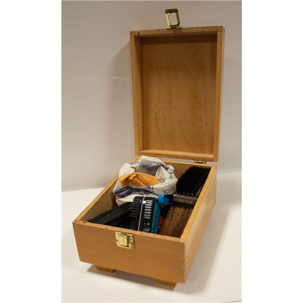 SHOE SHINE BOX FULL OF BRUSHES AND OTHER SHOE