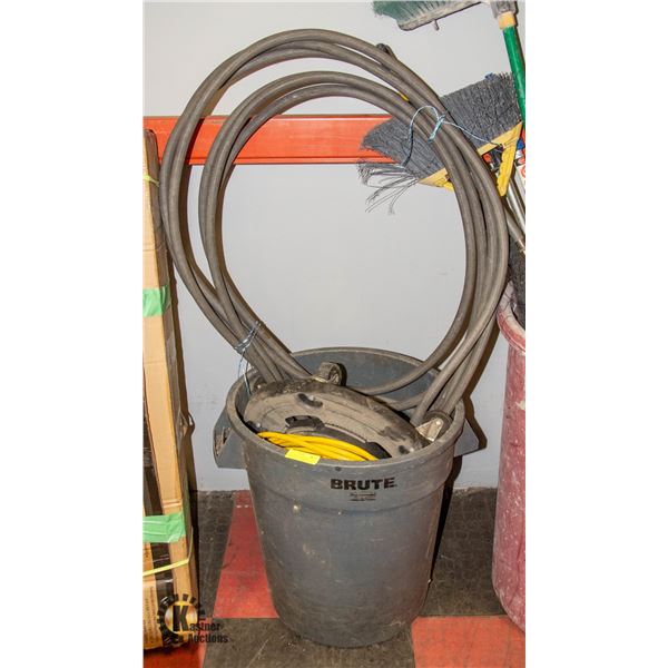 GARBAGE BIN OF EXTENSION CORDS FURNITURE MOVERS