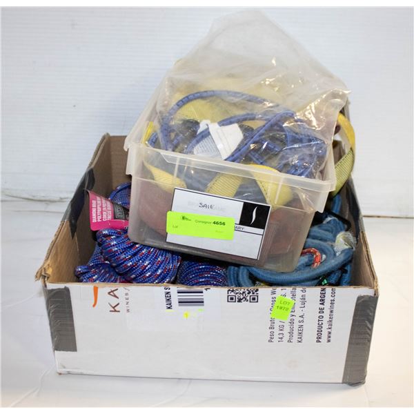 BOX OF VARIOUS ROPES / BUNGIES / RACHET STRAPS