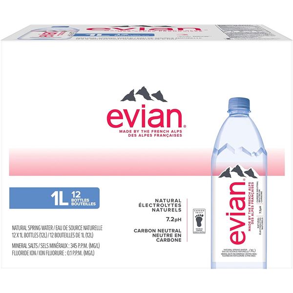 NEW CASE OF 12 X 1L BOTTLES OF EVIAN NATURAL