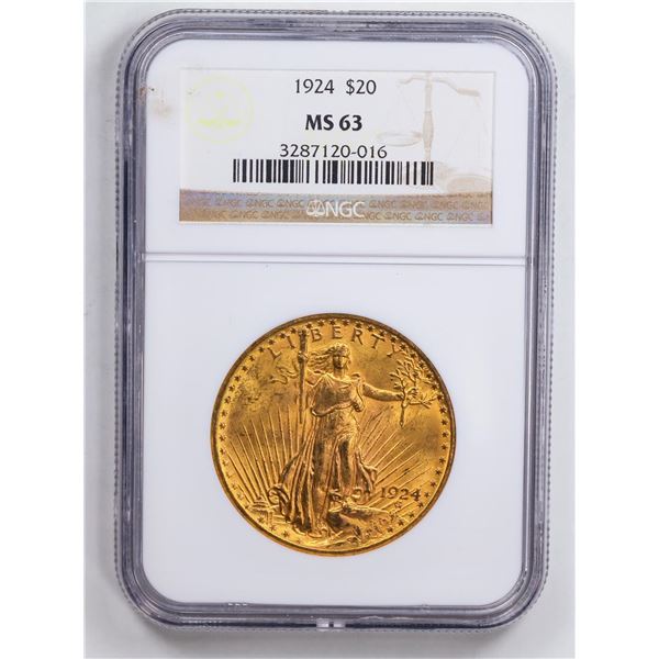 1924 $20 Double Eagle Gold Coin NGC MS63