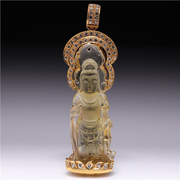 Large 18K Yellow Gold & Diamond Pendant with Carved Citrine Guanyin by Carlo Ric