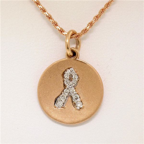 NEW 14K Rose Gold.10 ctw Diamond Awareness Ribbon Disc Pendant w/ 16" Rope Chain