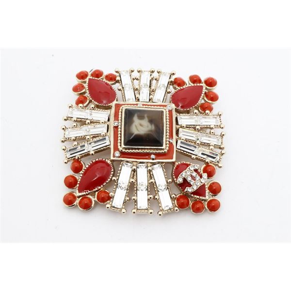 Chanel Red Lab-created Stones Clear Rhinestones CC Brooch